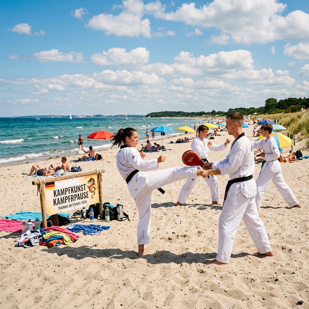 Group practicing martial arts on beach sand with pads and kicking