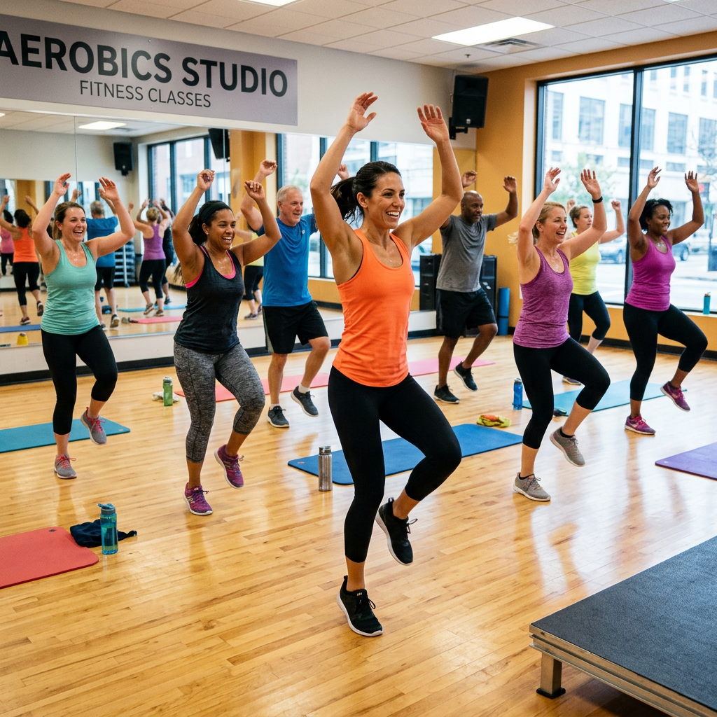 Group performing aerobics exercises in a studio labeled Aerobics Studio Fitness Classes